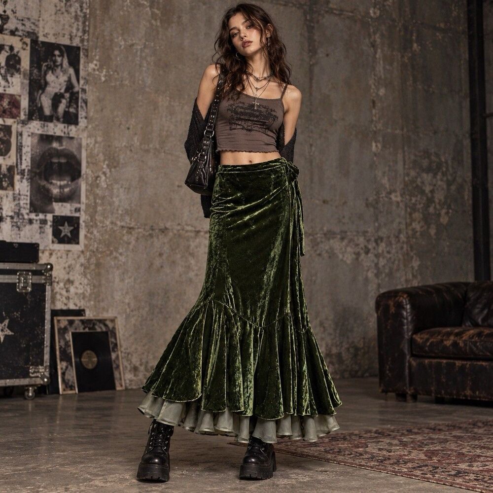 Vintage 90’s Green Crushed Velvet Ruffle Sheer Hem Medi  Skirt Whimsigoth Fairy